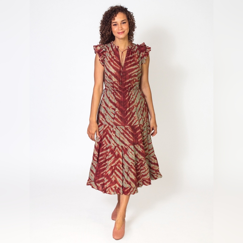 Ulla Johnson Red and Olive Zebra-Print Midi Dress